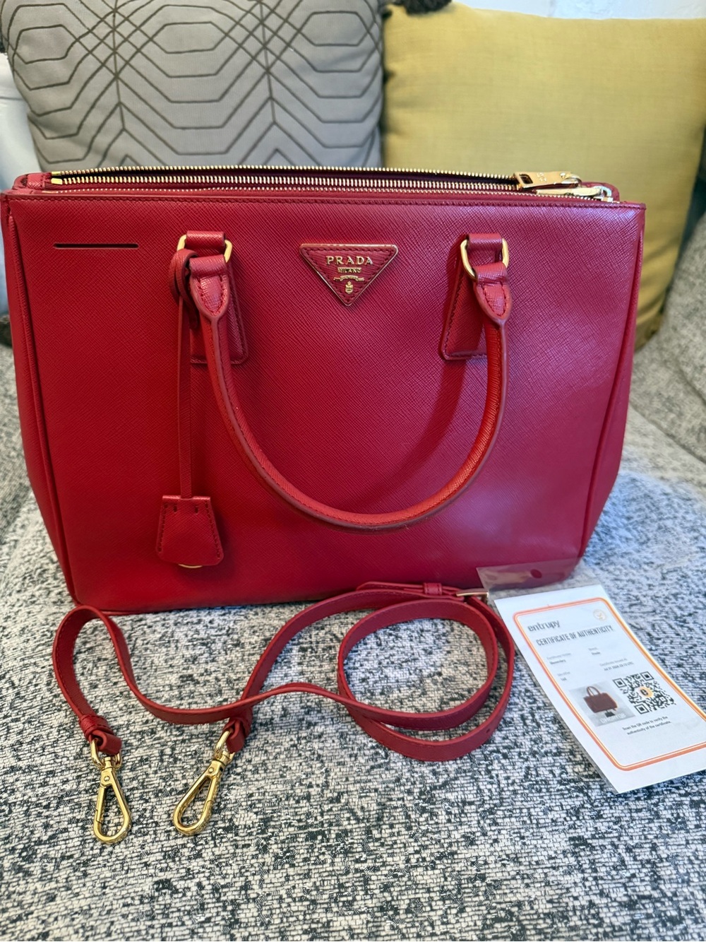 Prada Red Saffiano Leather Galleria with Gold Hardware and Detachable Strap